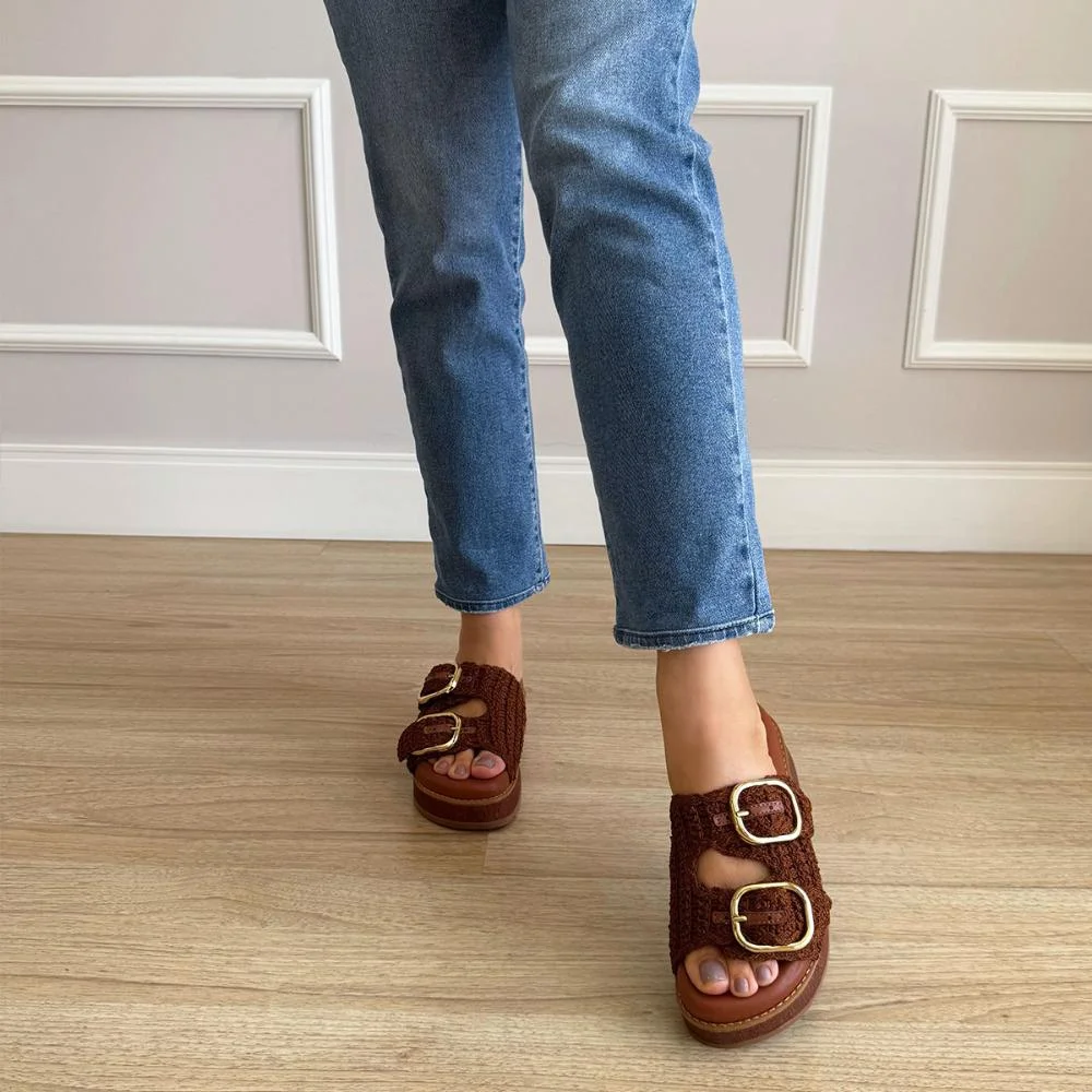Giza - Sandália Flatform Feminina Crochê com Fivelas Marrom 5