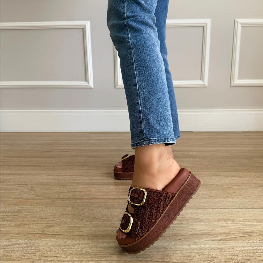 Giza - Sandália Flatform Feminina Crochê com Fivelas Marrom 6