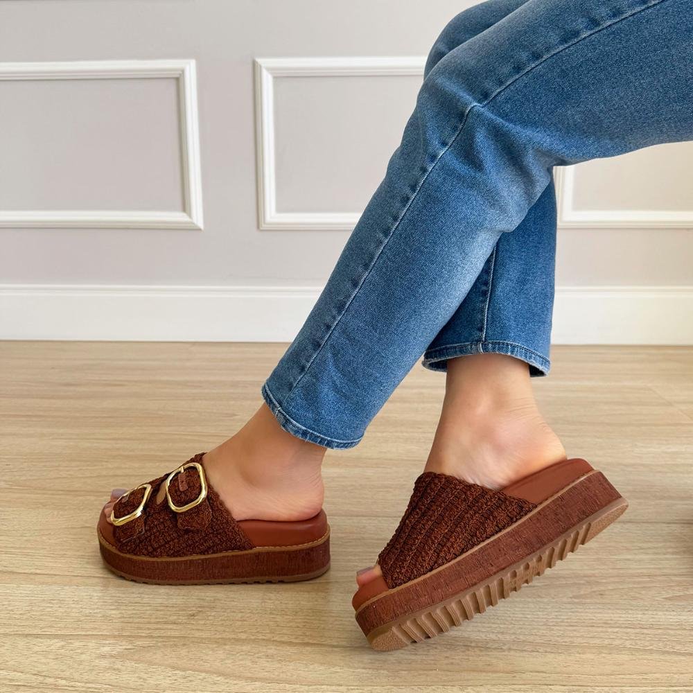 Giza - Sandália Flatform Feminina Crochê com Fivelas Marrom 7