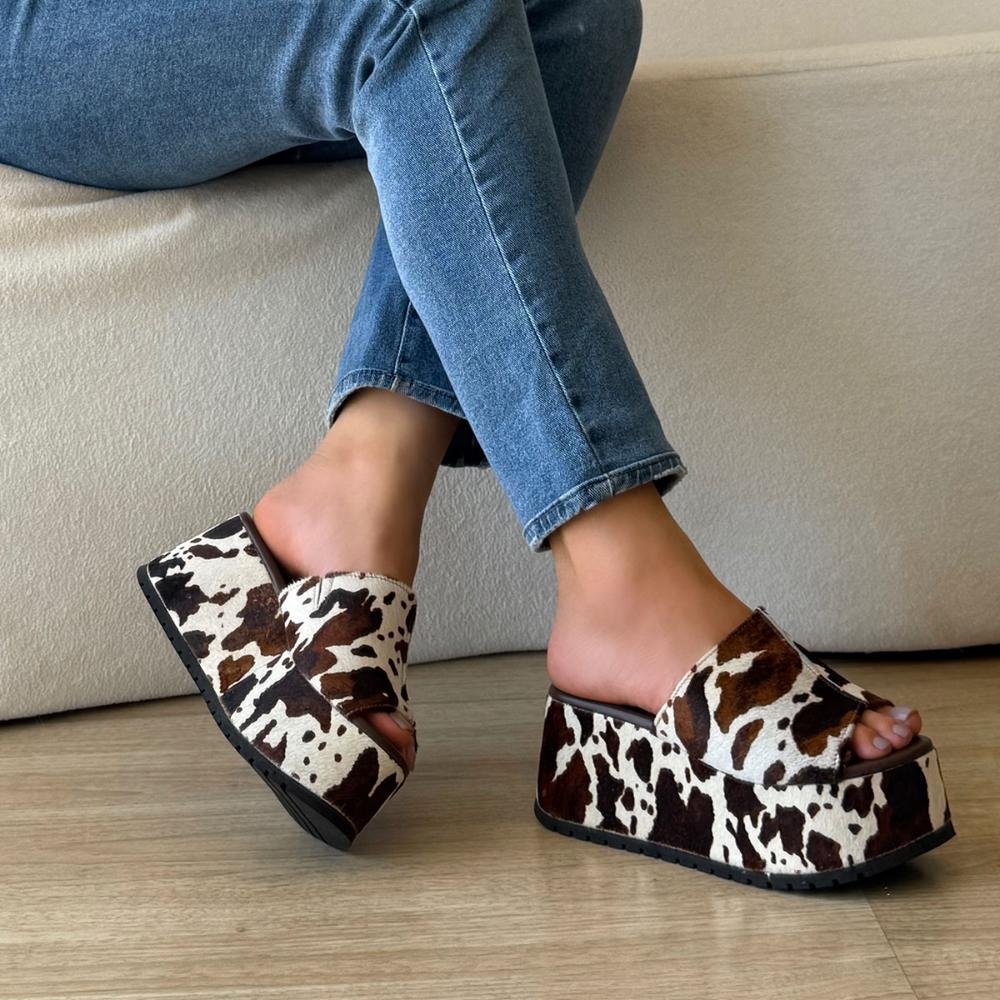 Jhenny - Tamanco Plataforma Couro Legitimo Vaca Marrom Animal Print 5