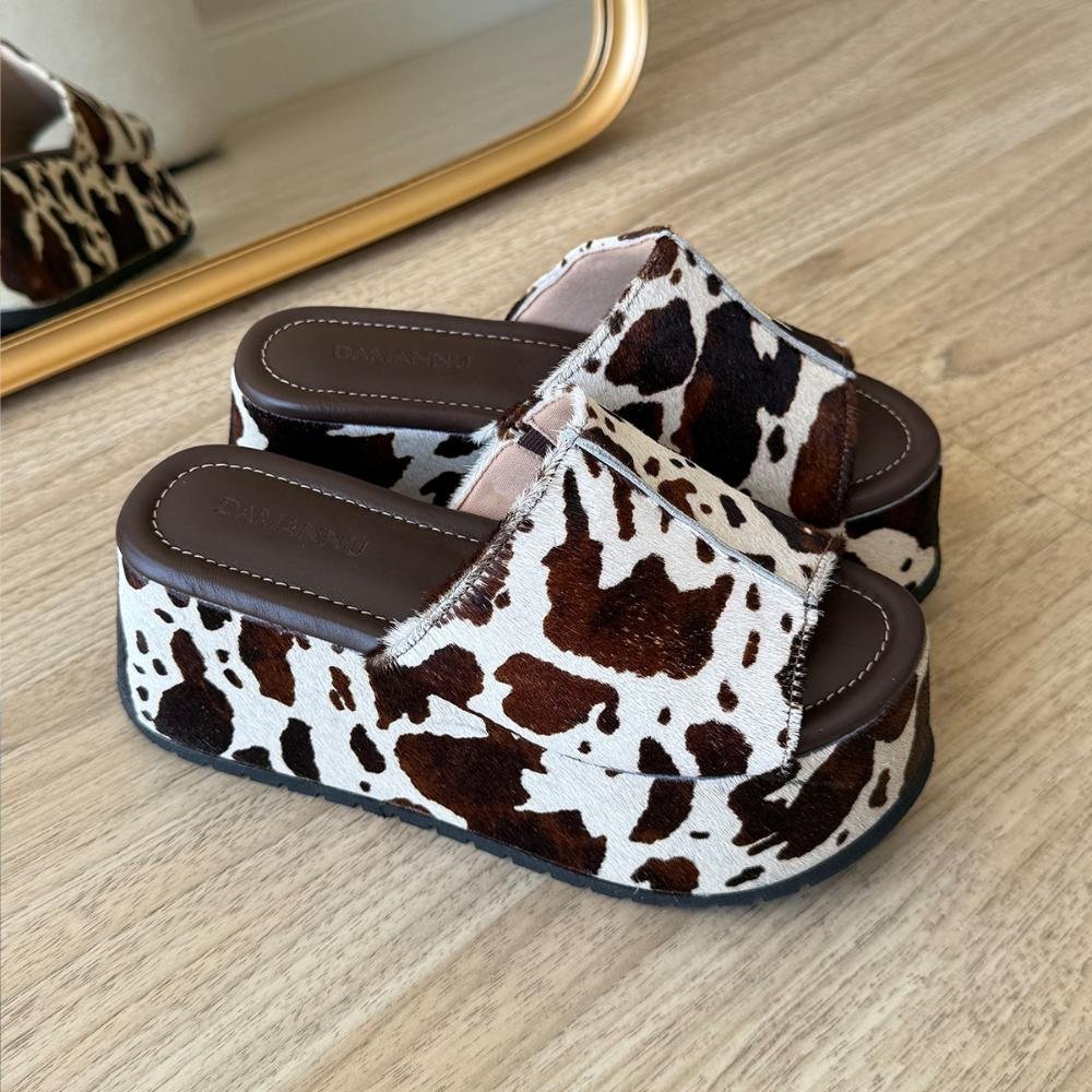 Jhenny - Tamanco Plataforma Couro Legitimo Vaca Marrom Animal Print 6