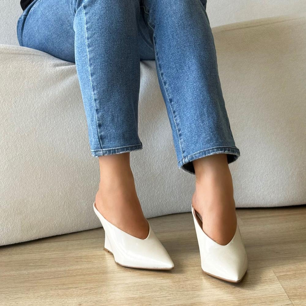Olivia - Mule Anabela Bico Fino Off White Branco 5