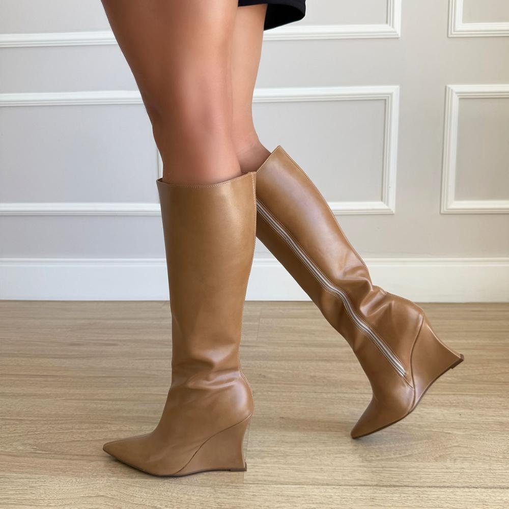 Kelly - Bota Feminina Cano Alto Salto Anabela Bege Marrom 4