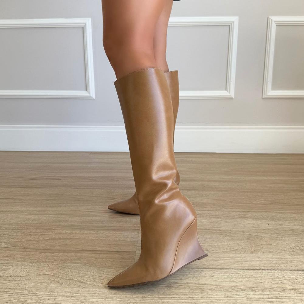 Kelly - Bota Feminina Cano Alto Salto Anabela Bege Marrom 6