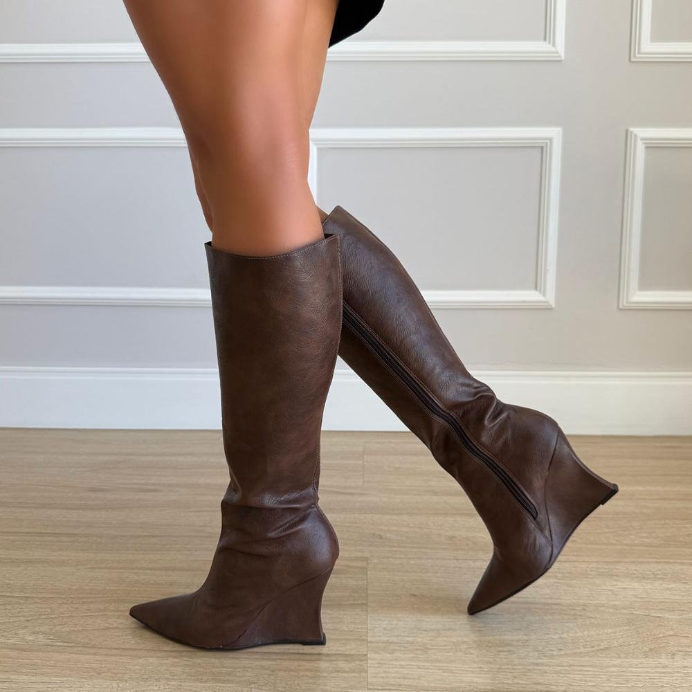 Kelly - Bota Feminina Cano Alto Salto Anabela Cacau Café 5