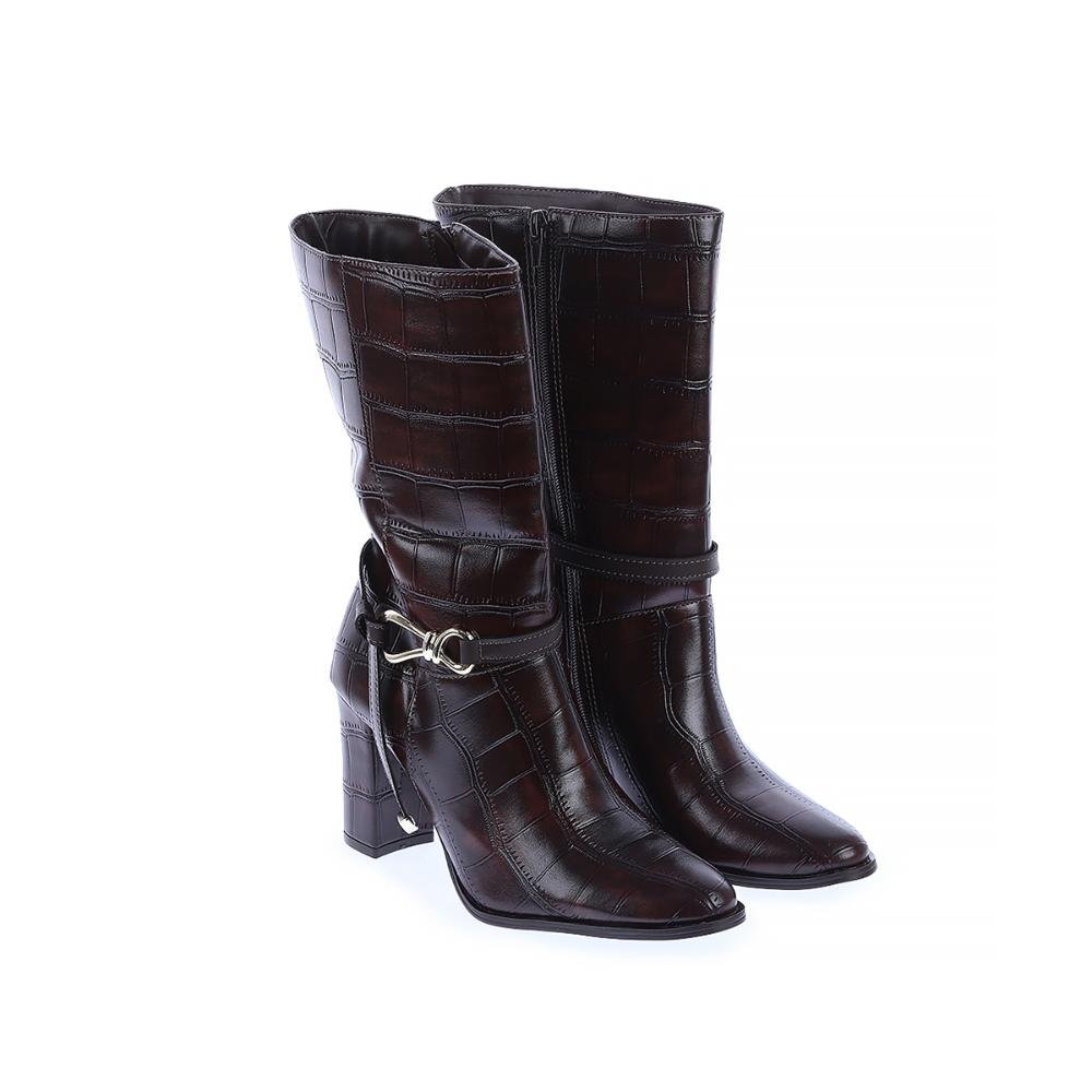 Luna - Bota Feminina Cano Médio Salto Bloco Croco Macchiato Café 2