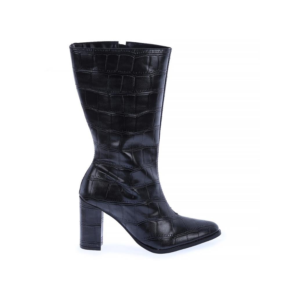 Janet - Bota Feminina Preta Croco Salto Alto Bloco