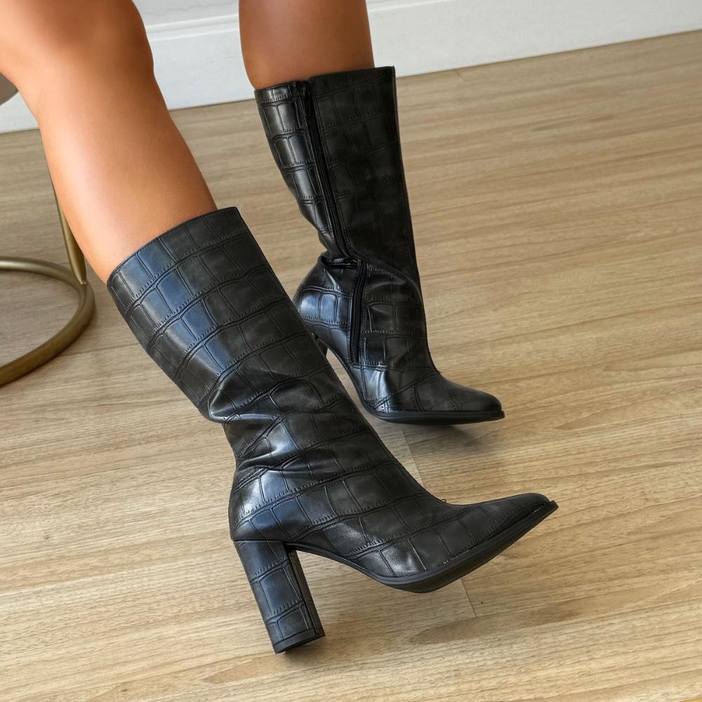 Janet - Bota Feminina Preta Croco Salto Alto Bloco Preto 5