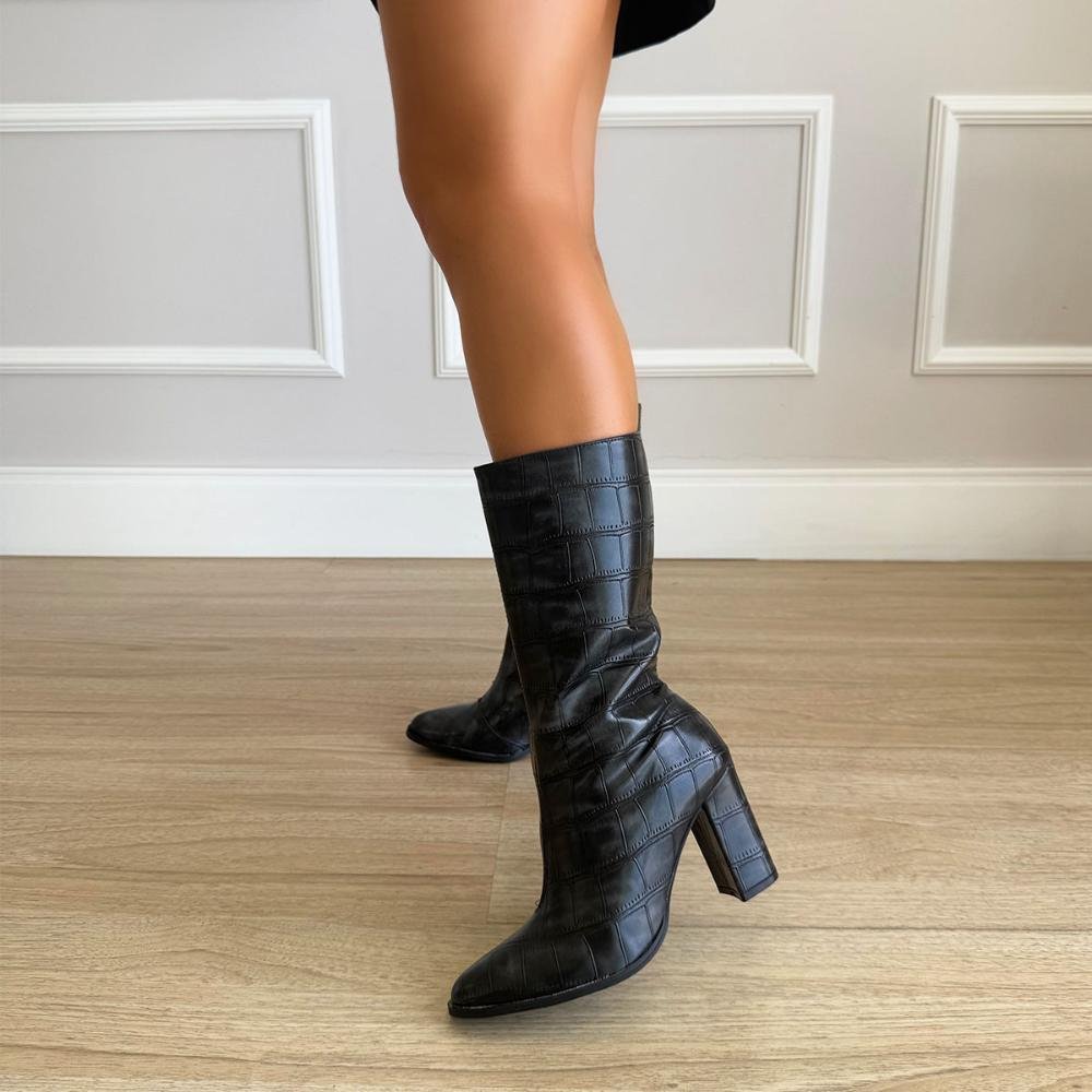 Janet - Bota Feminina Preta Croco Salto Alto Bloco Preto 7