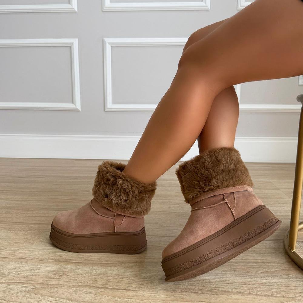 Bota de Pelos Forrada Salto Plataforma Cano Médio Bege com Pelos Bege Bege 6