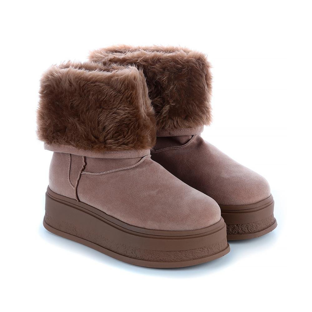 Bota de Pelos Forrada Salto Plataforma Cano Médio Bege com Pelos Bege Bege 2