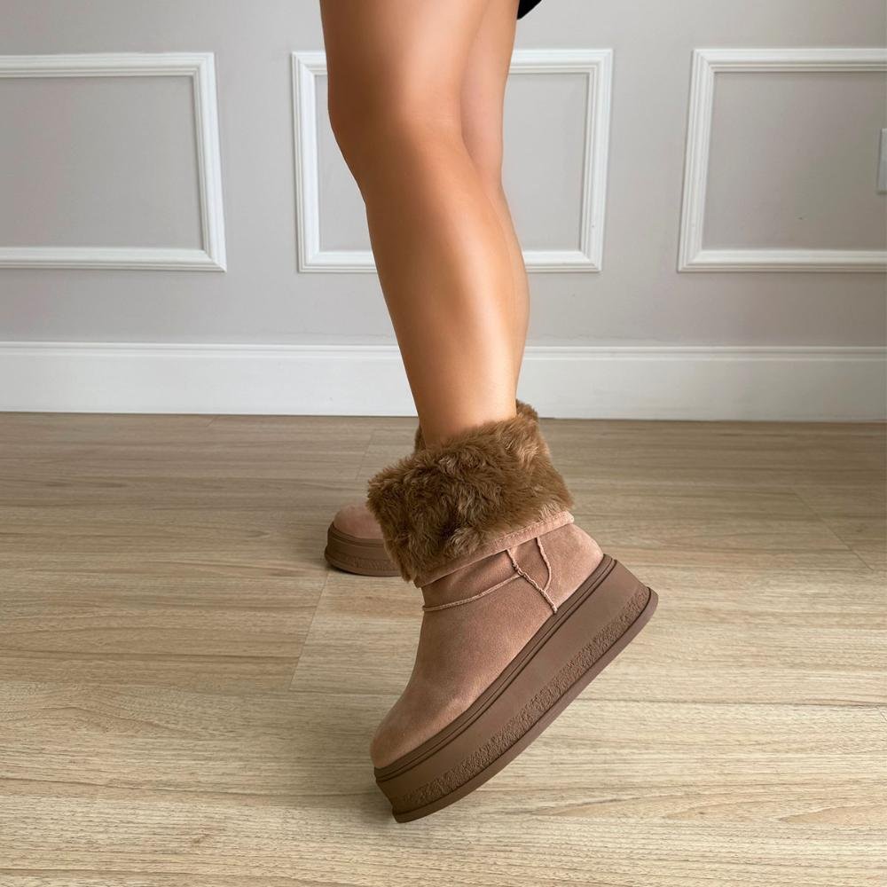 Bota de Pelos Forrada Salto Plataforma Cano Médio Bege com Pelos Bege Bege 7