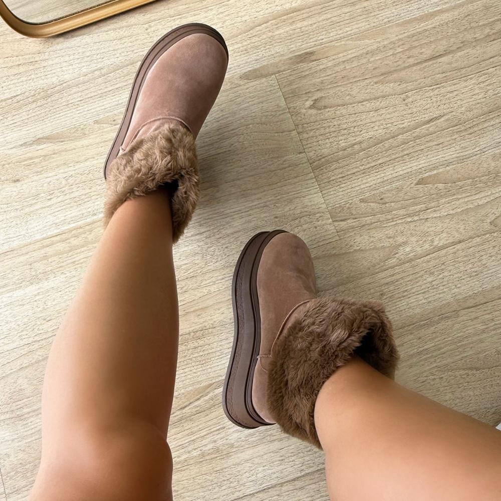 Bota de Pelos Forrada Salto Plataforma Cano Médio Bege com Pelos Bege Bege 3