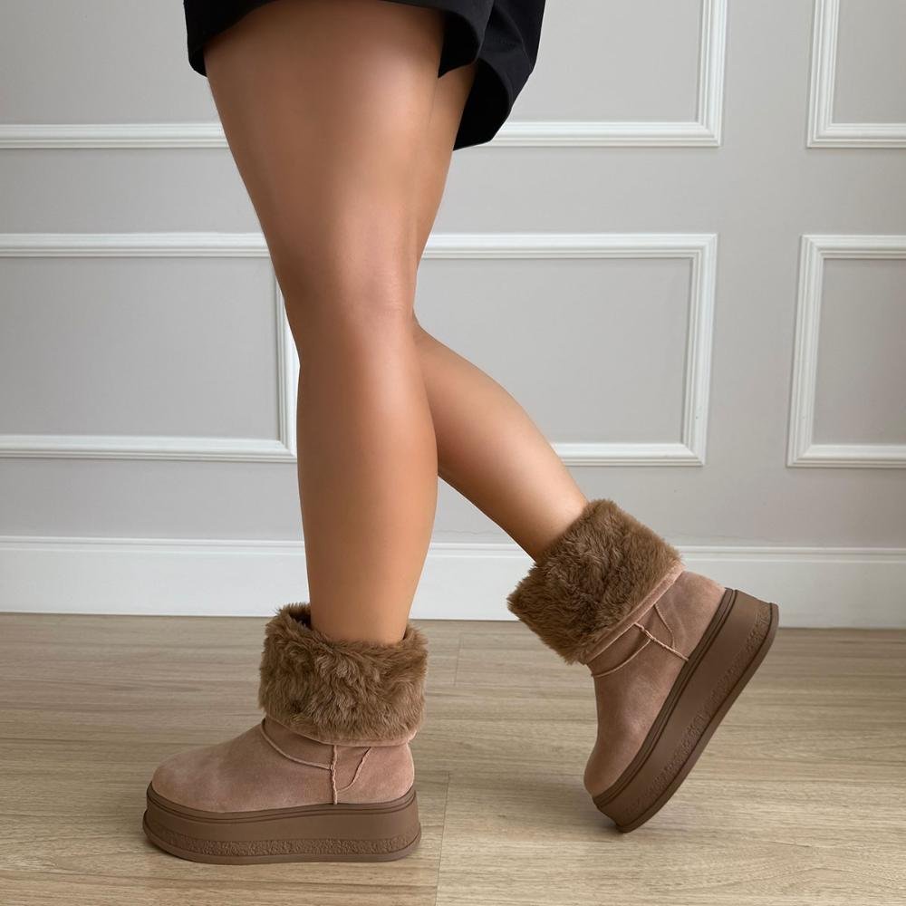 Bota de Pelos Forrada Salto Plataforma Cano Médio Bege com Pelos Bege Bege 4