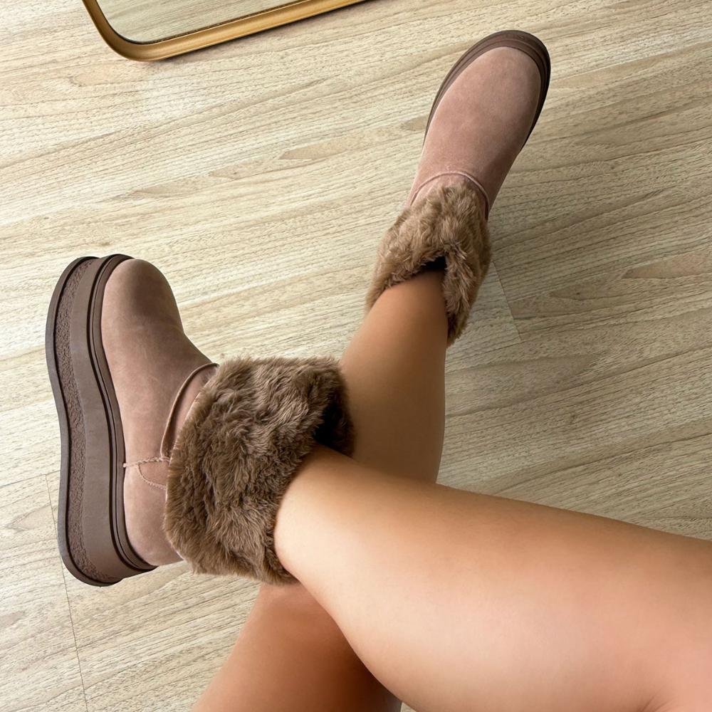 Bota de Pelos Forrada Salto Plataforma Cano Médio Bege com Pelos Bege Bege 5