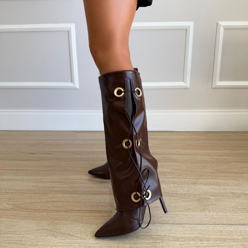 Hellen - Bota Feminina Cano Alto Salto Fino com Ilhós Café Marrom 7