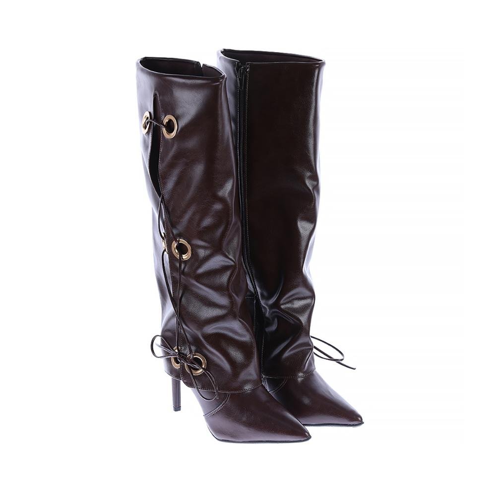 Hellen - Bota Feminina Cano Alto Salto Fino com Ilhós Café Marrom 2