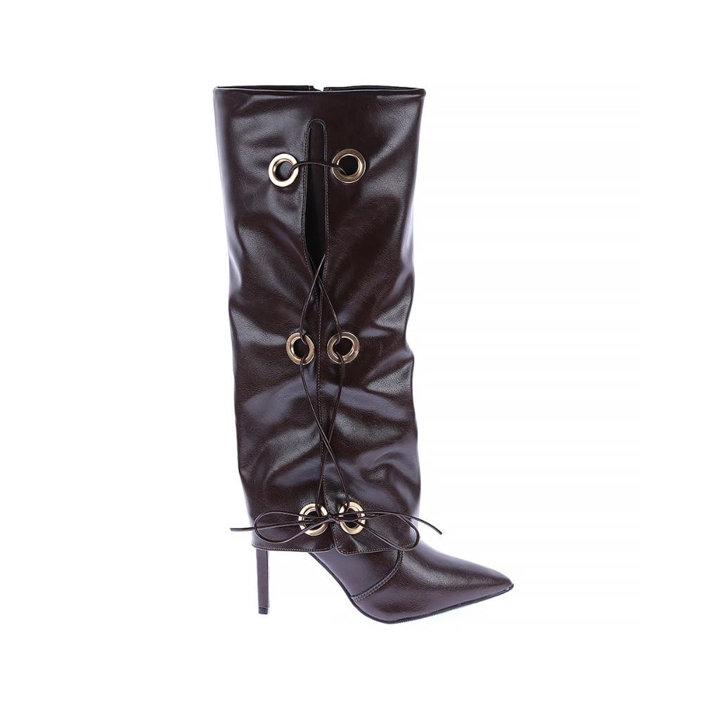 Hellen - Bota Feminina Cano Alto Salto Fino com Ilhós Café