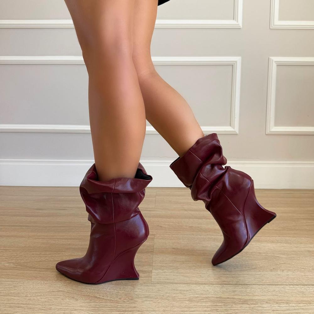 Giorgia - Bota Feminina Anabela Slouchy Cano Médio Marsala Bordô 7