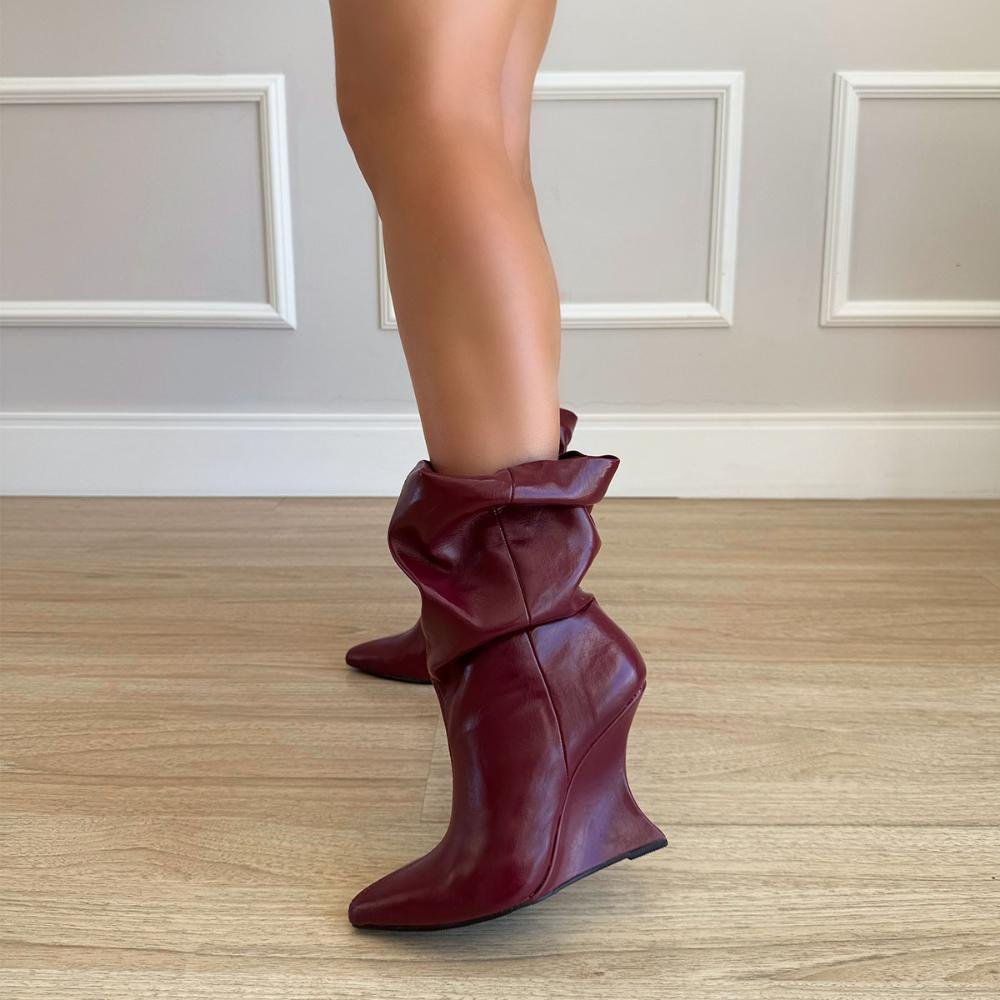 Giorgia - Bota Feminina Anabela Slouchy Cano Médio Marsala Bordô 8