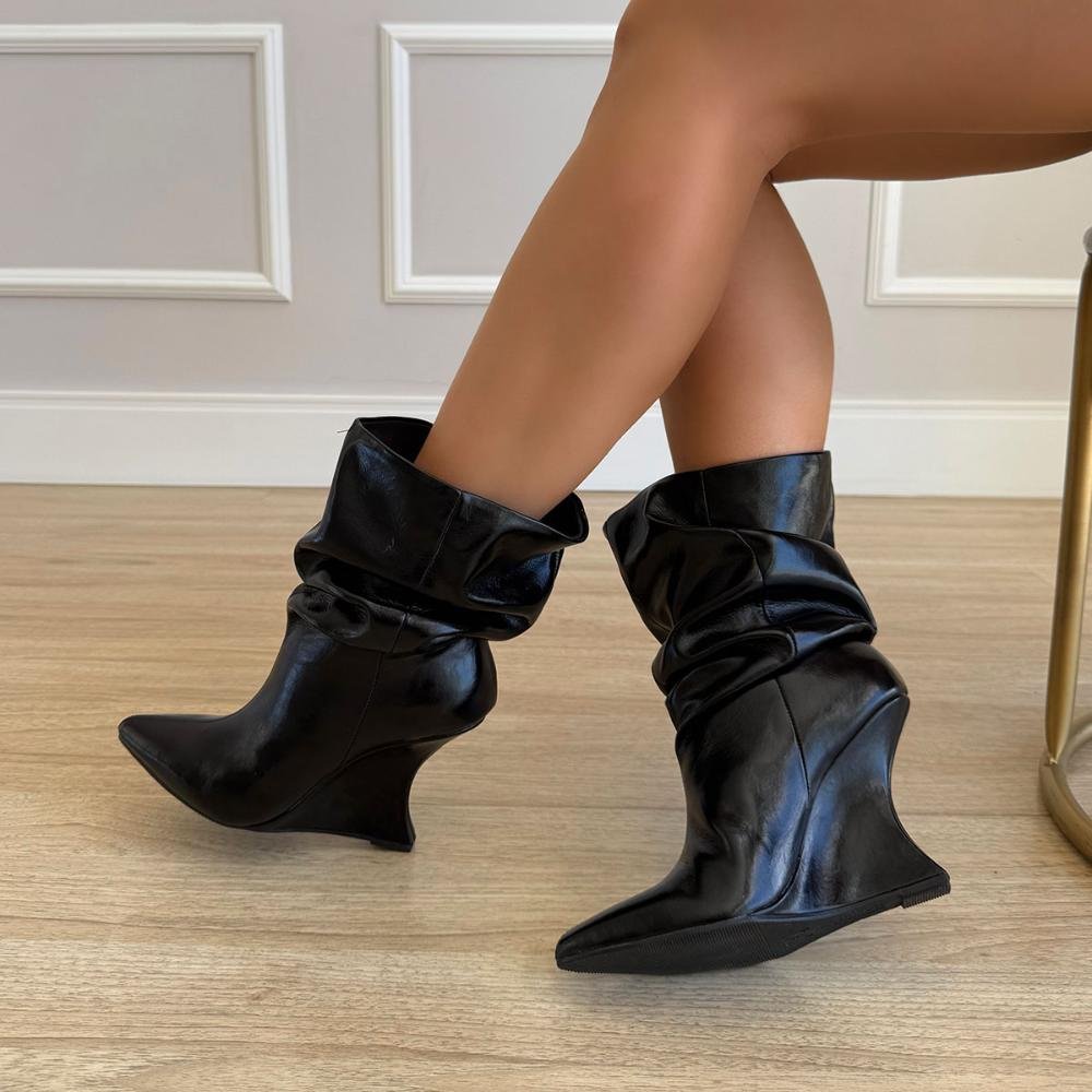 Giorgia - Bota Feminina Anabela Slouchy Cano Médio Preta Preto 3