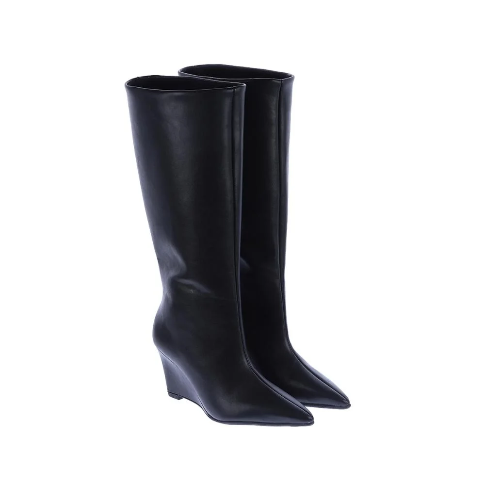 Clarissa - Bota Feminina Cano Alto Anabela Preta Bico Fino Preto 2