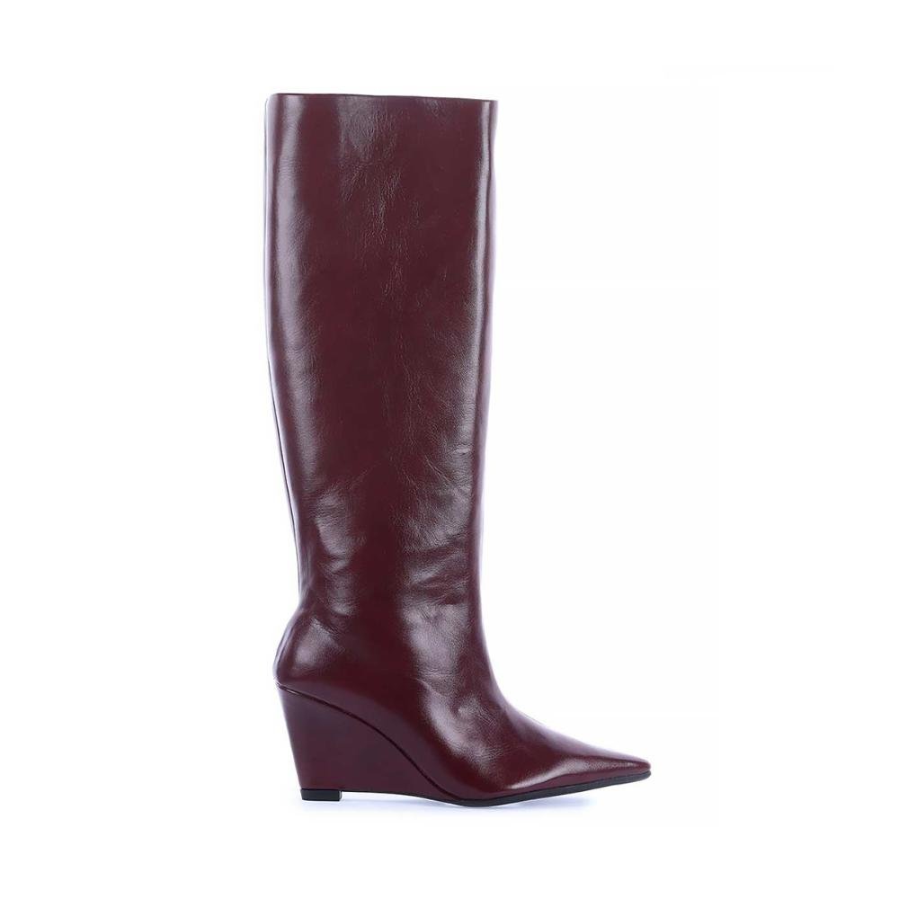 Clarissa - Bota Feminina Cano Alto Anabela Marsala Bico Fino