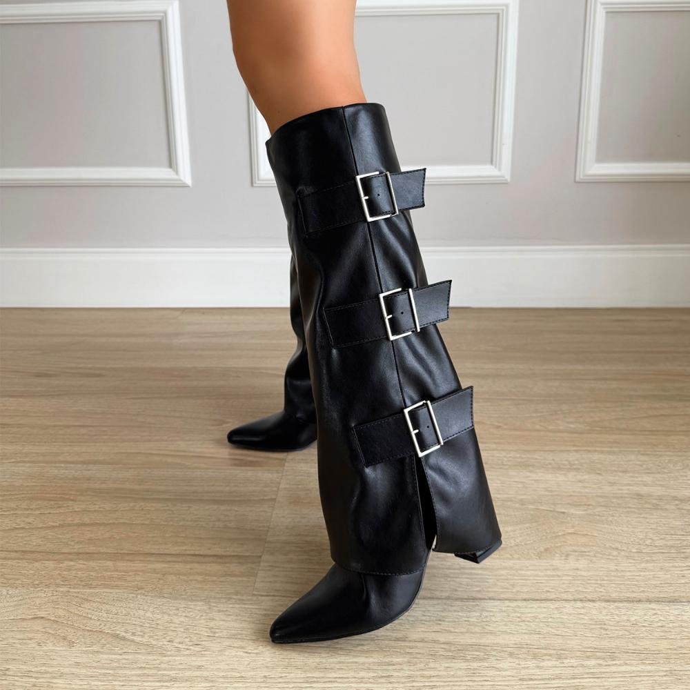 Ashley - Bota Feminina Cano Alto Capa Preta com Fivelas Preto 6