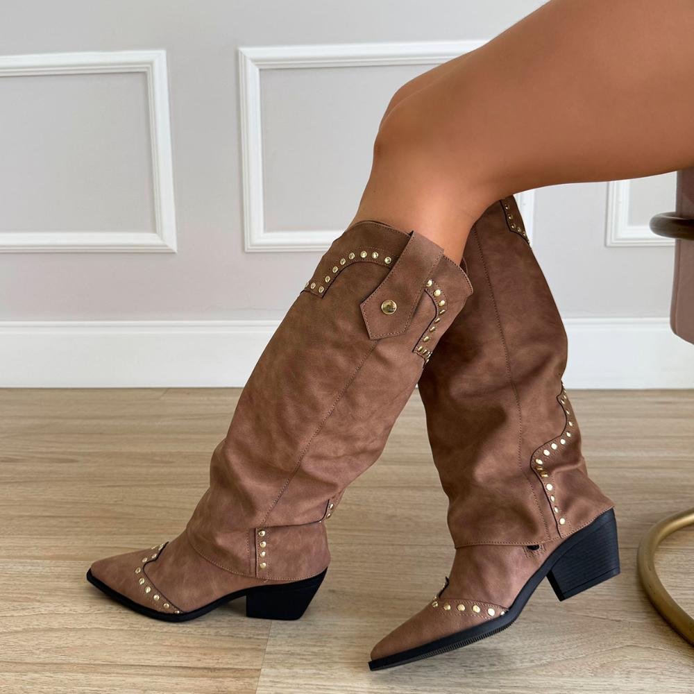 Thalia - Bota Country Feminina com Capa e Tachas Marrom Marrom 3