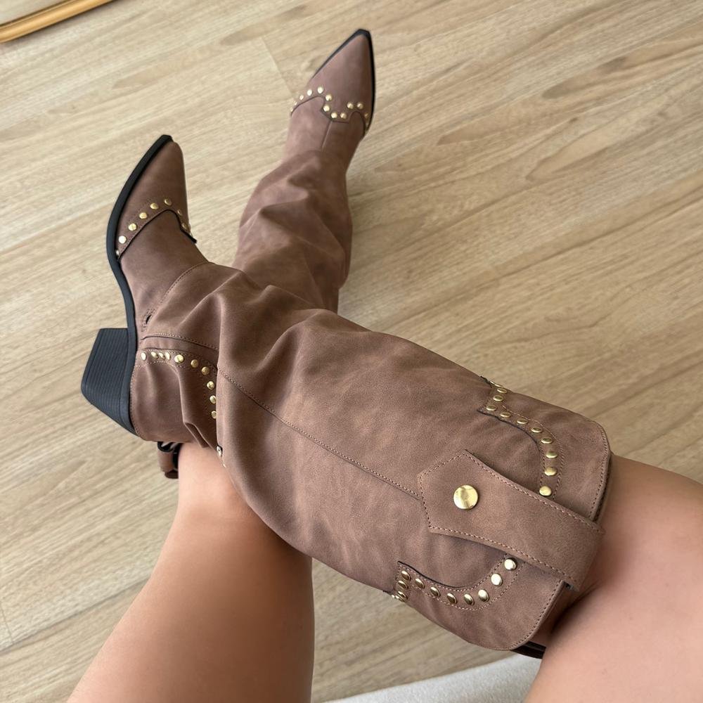 Thalia - Bota Country Feminina com Capa e Tachas Marrom Marrom 5