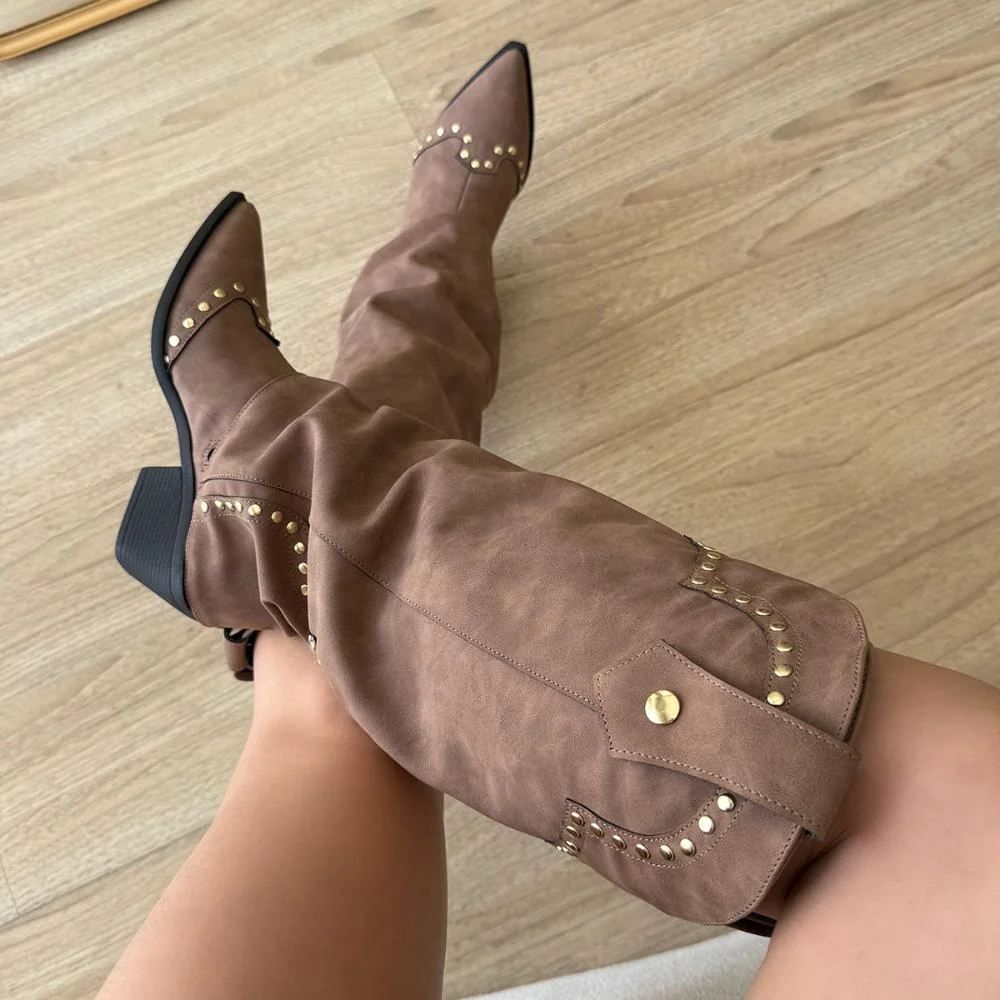 Thalia - Bota Country Feminina com Capa e Tachas Marrom Marrom 5