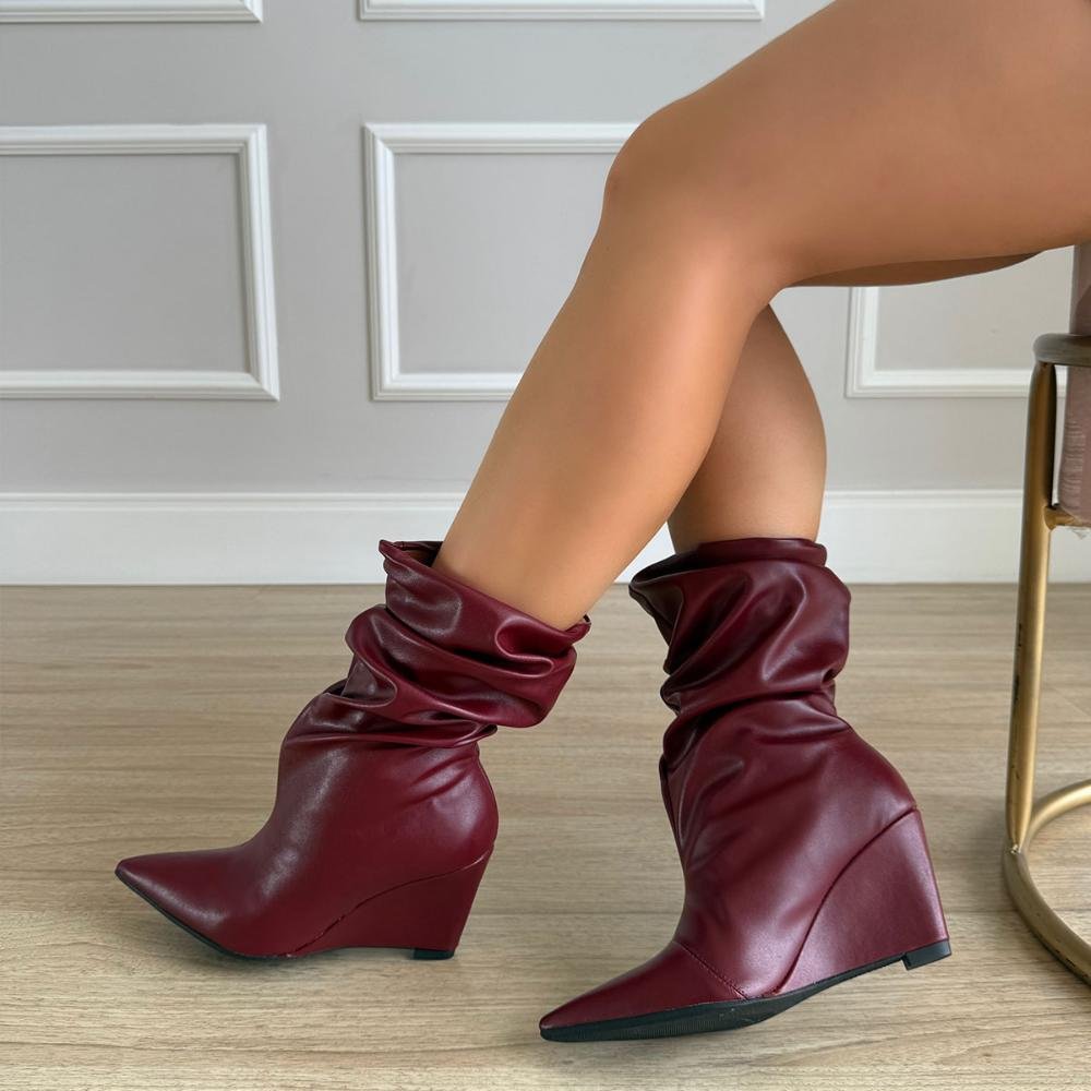 Maddy - Bota Feminina Anabela Slouchy Cano Médio Marsala Bordô 3