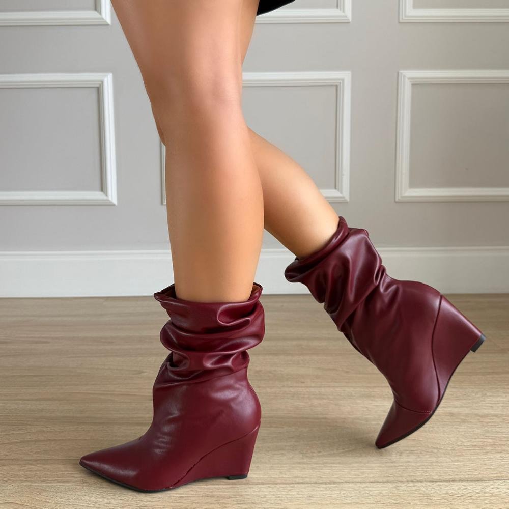 Maddy - Bota Feminina Anabela Slouchy Cano Médio Marsala Bordô 6