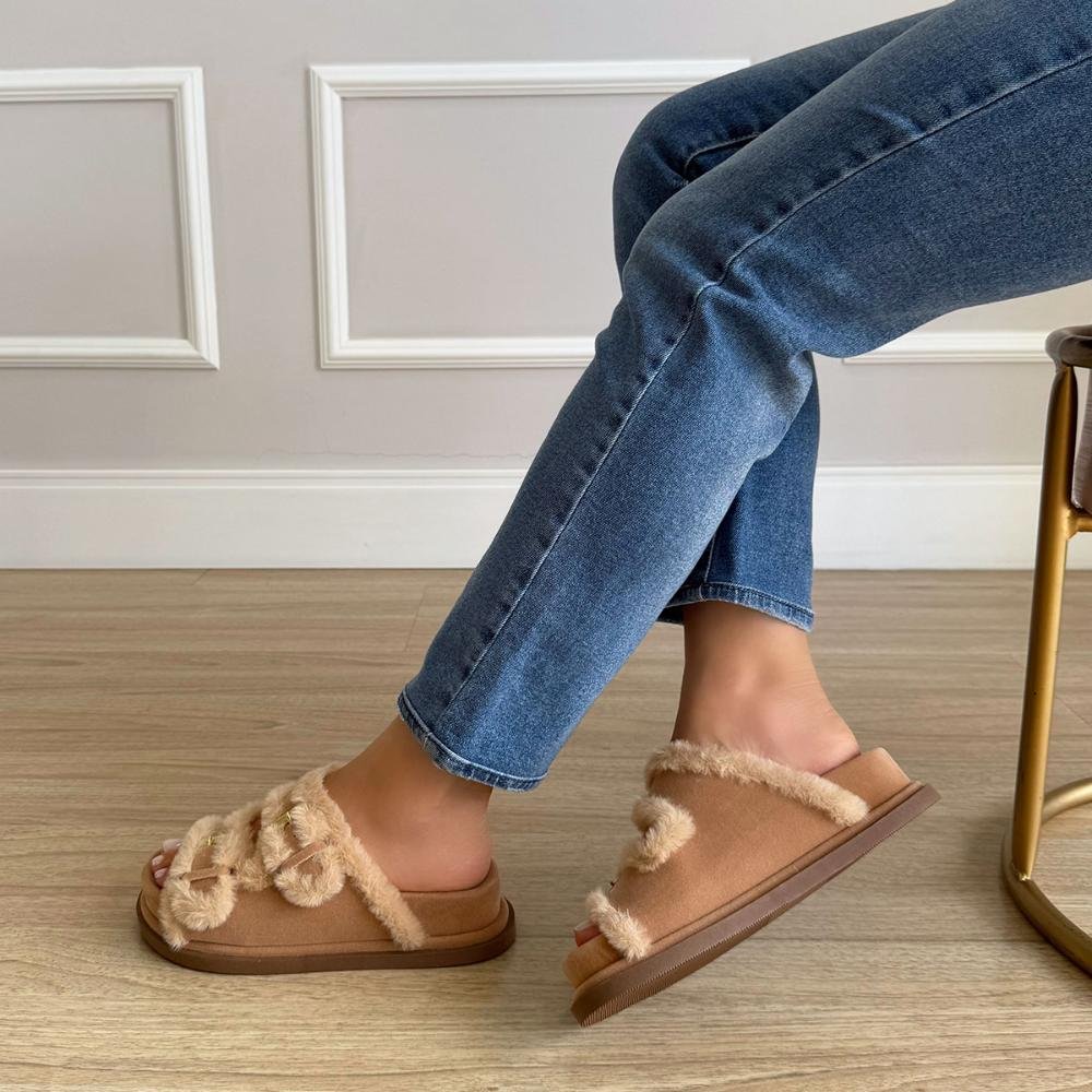 Beth - Papete Flatform com Pelos Bege Bege 6