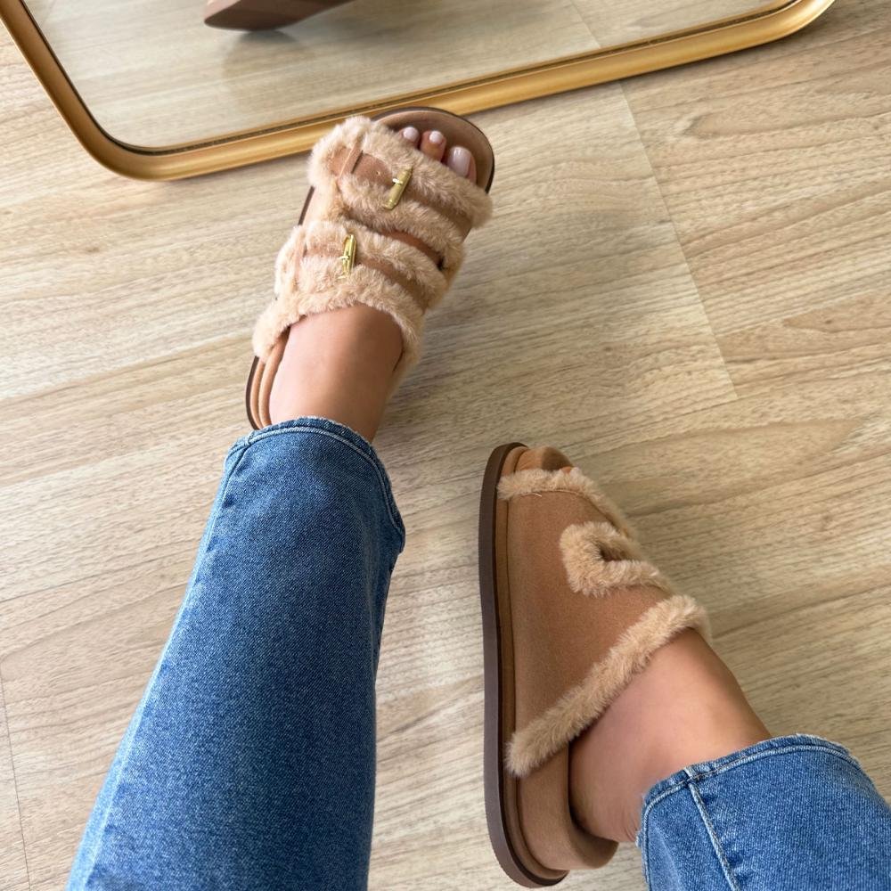 Beth - Papete Flatform com Pelos Bege Bege 7
