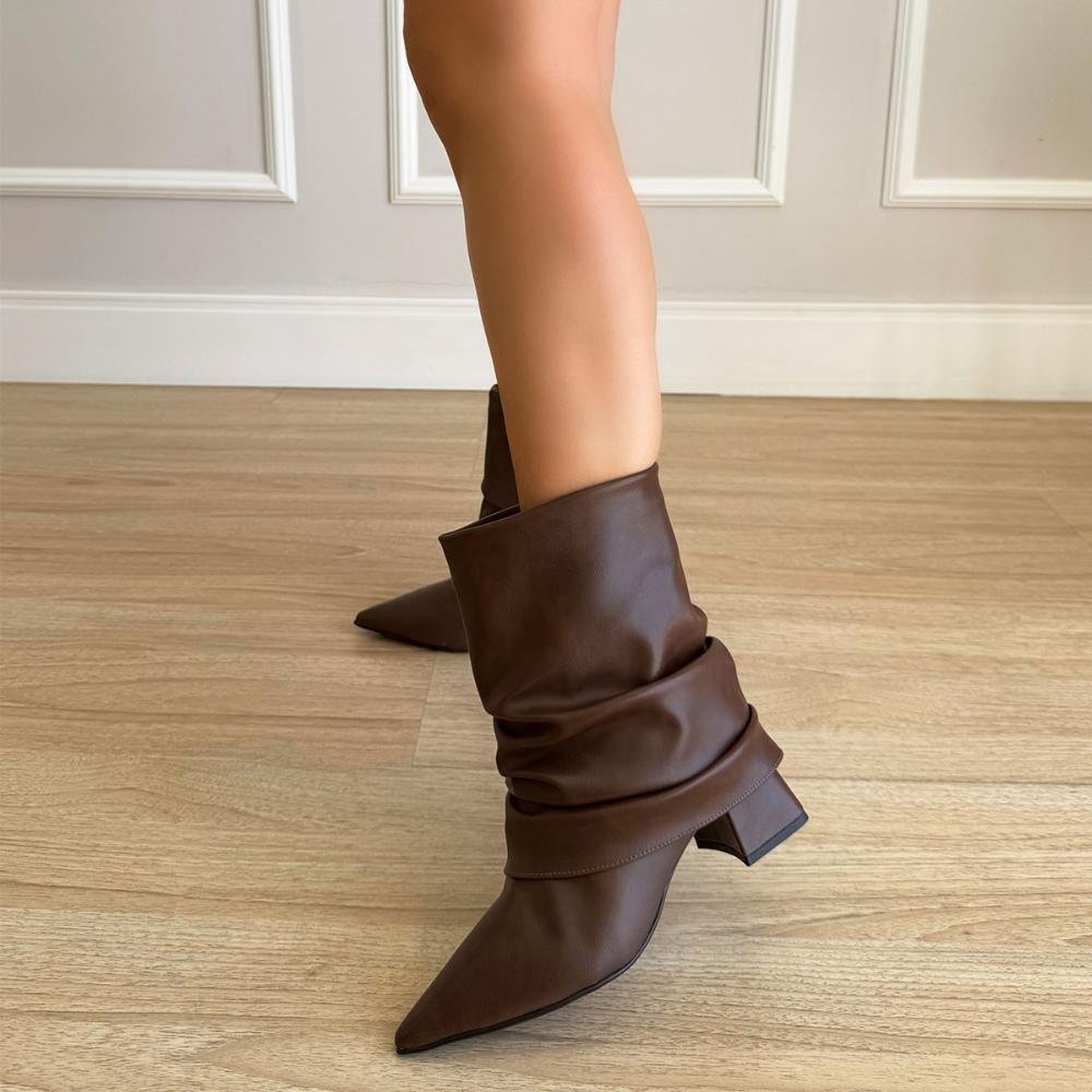 Lorena - Bota Feminina Slouchy Salto Bloco Bico Fino Café Marrom 6