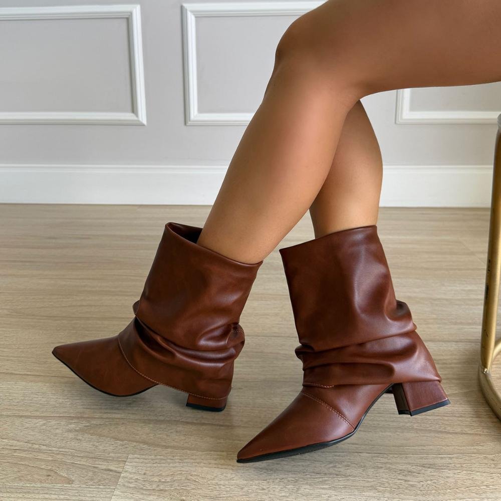 Lorena - Bota Feminina Slouchy Salto Bloco Bico Fino Caramelo Marrom 4