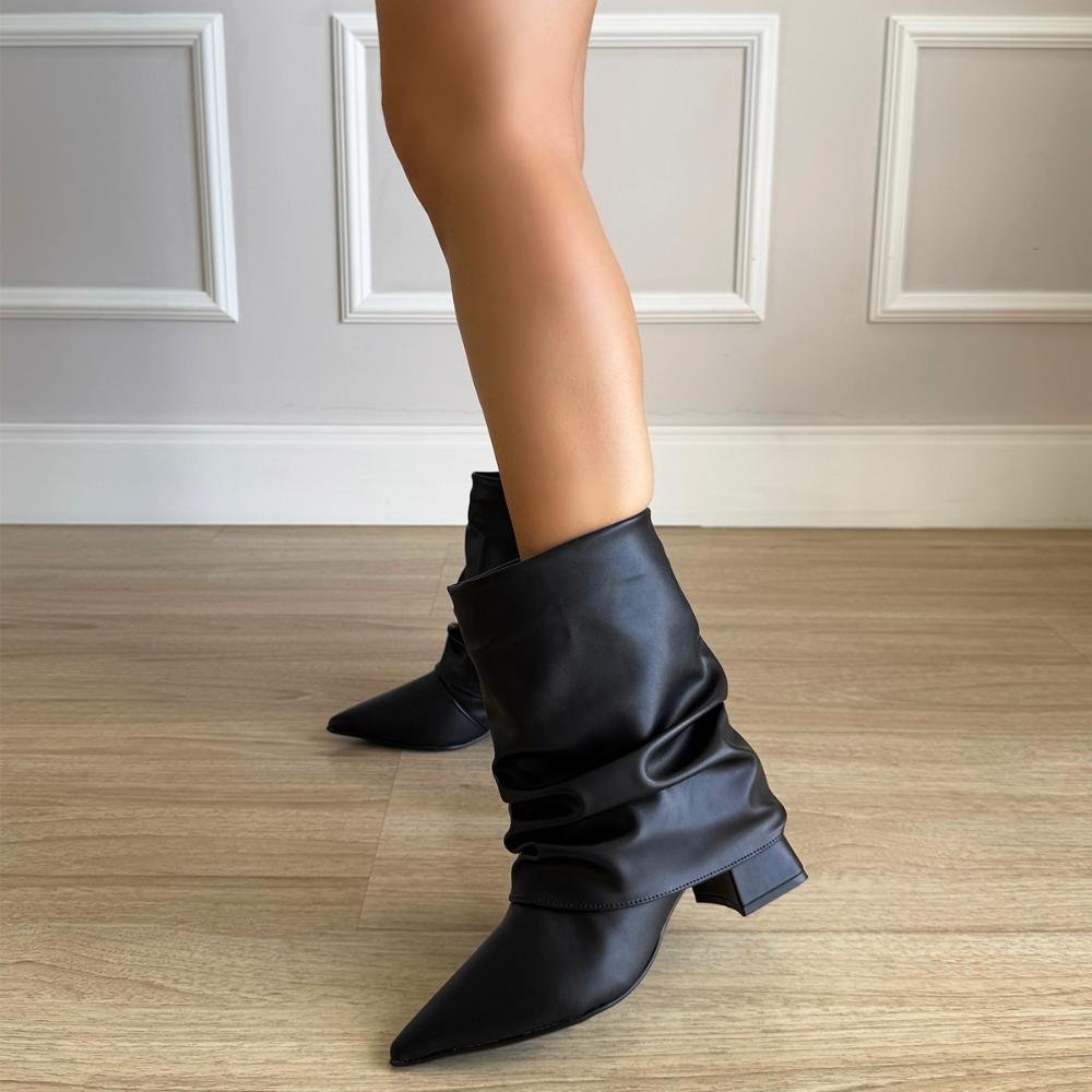 Lorena - Bota Feminina Slouchy Salto Bloco Bico Fino Preto Preto 6