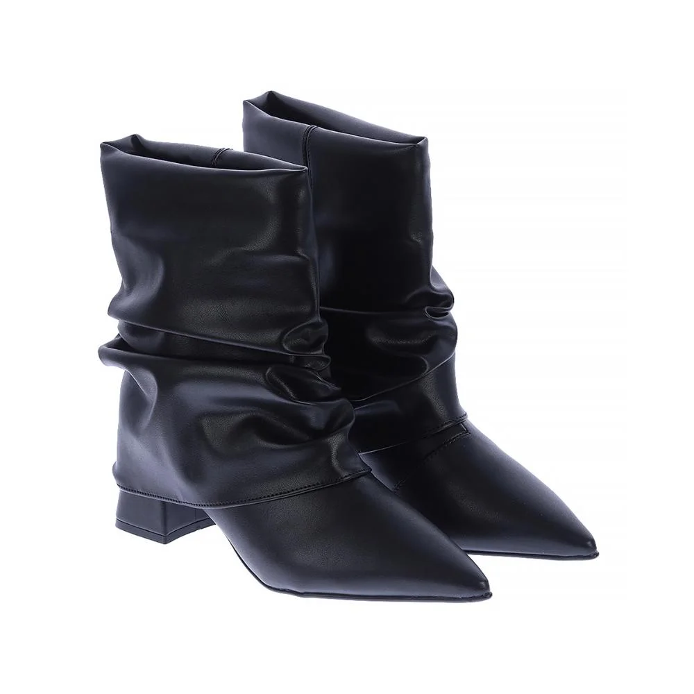 Lorena - Bota Feminina Slouchy Salto Bloco Bico Fino Preto Preto 2