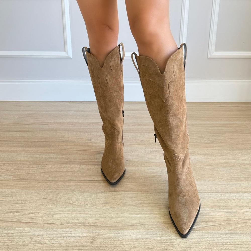 Lilly - Bota Country Cano Alto Camurça Bege Bege 8