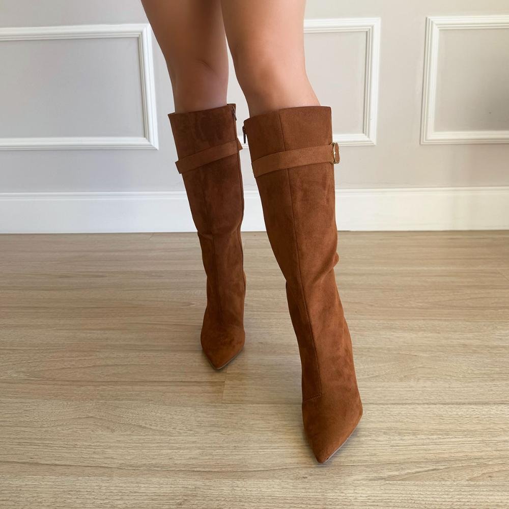 Michely - Bota Feminina Cano Alto Salto Fino Caramelo Marrom 8