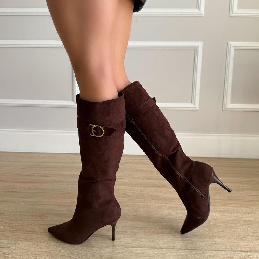 Michely - Bota Feminina Cano Alto Salto Fino Marrom Marrom 6