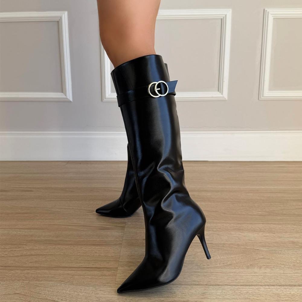 Michely - Bota Feminina Cano Alto Salto Fino Preta Preto 7