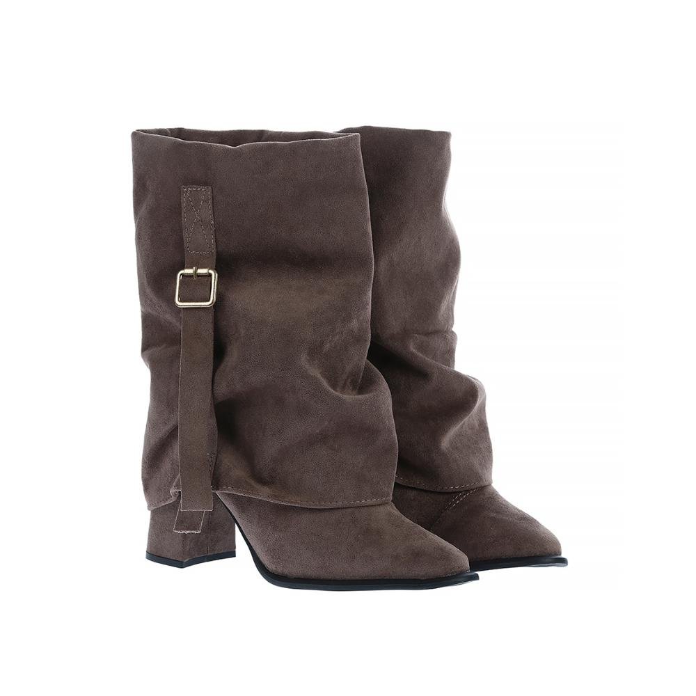 Nayane - Bota Capa Feminina com Fivela Salto Bloco Alto Suede Bege Bege 2
