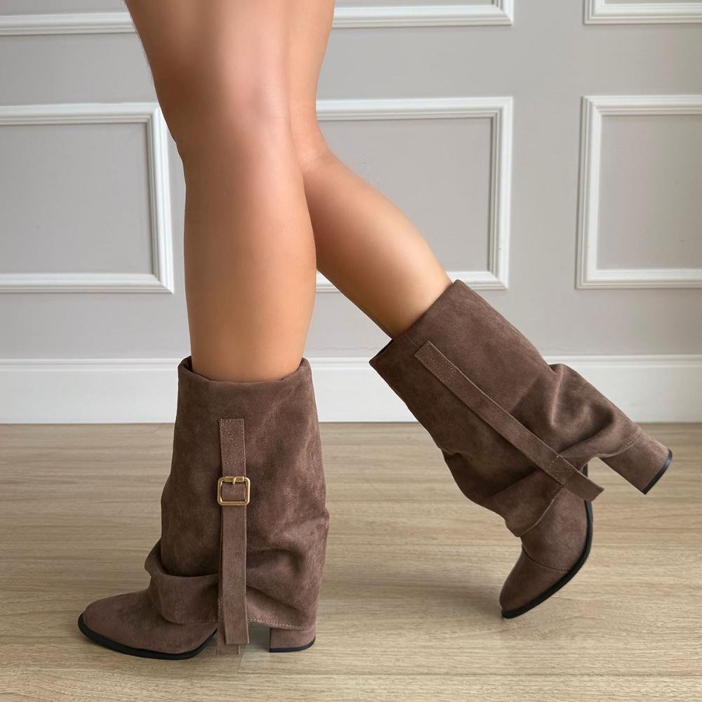 Nayane - Bota Capa Feminina com Fivela Salto Bloco Alto Suede Bege Bege 6