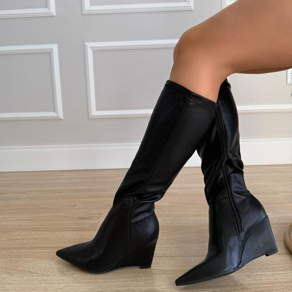 Sophia - Bota Feminina Salto Anabela Cano Alto Preta Preto 6