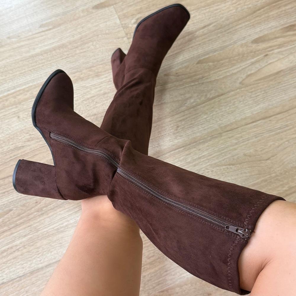 Maya - Bota Feminina Cano Alto Salto Grosso Suede Marrom Marrom 5