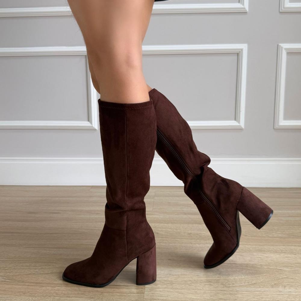 Maya - Bota Feminina Cano Alto Salto Grosso Suede Marrom Marrom 7