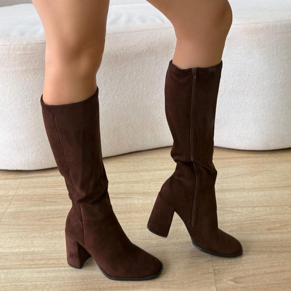 Maya - Bota Feminina Cano Alto Salto Grosso Suede Marrom Marrom 8