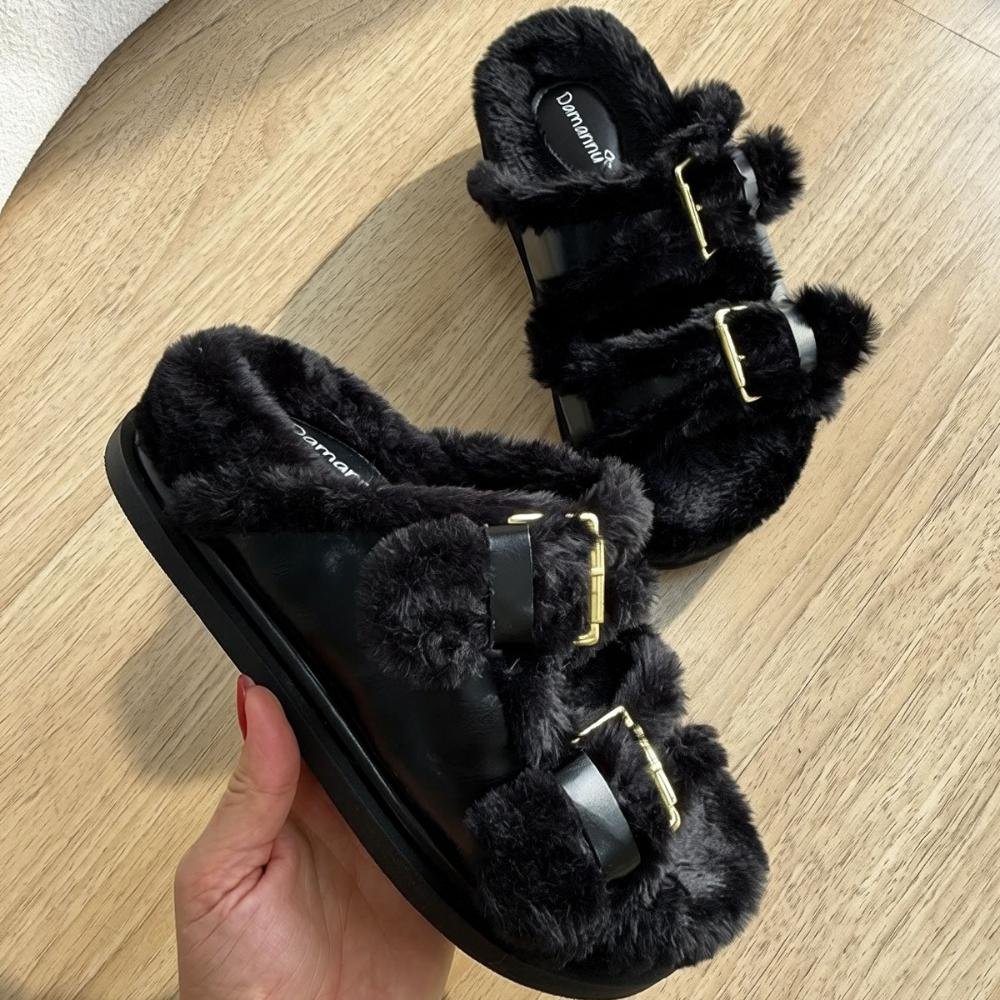 Beth - Papete Flatform Preta com Pelos Preto 3